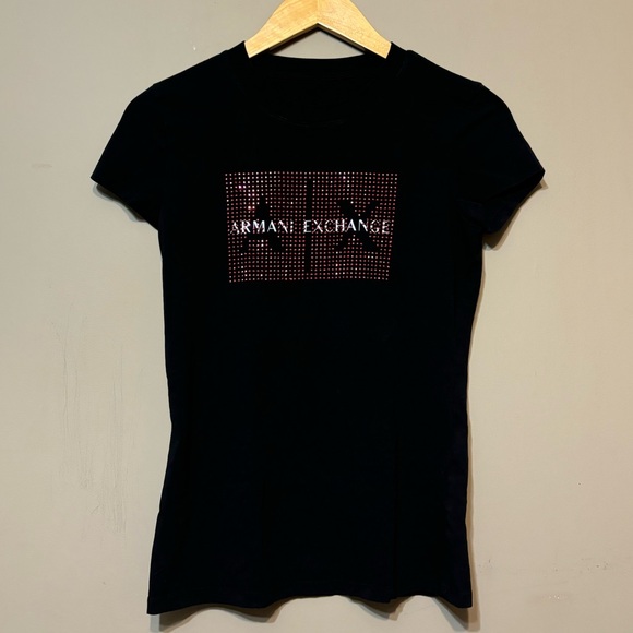 ARMANI EXCHANGE Sequin Logo Black Tee - Picture 3 of 9